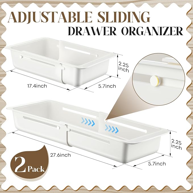 2 Pack Deep Drawer Organizer Bins, Sliding Drawer Organizer Bin Expandable and Adjustable Tray for Kitchen Utensils, BBQ Tools, Towels, Durable Plastic Sliding for Easy Storage(17.4-27.6")