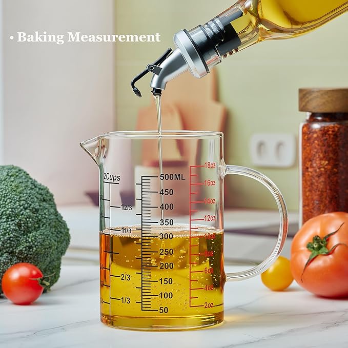 Ackers BORO3.3 Glass Measuring Cup-[Insulated handle | V-Shaped Spout]-Made of High Borosilicate Glass Measuring Cup for Kitchen or Restaurant, Easy to Read, 500 ML (16 Oz, 2 Cup)