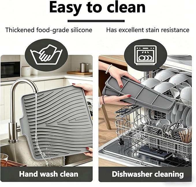 Silicone Dish Drying Mat,Dish Drying Pad,Kitchen Accessories,with Built-In and Non-Slip Drain,Easy Clean, Fit for Kitchen, Bar, RV, Refrigerator and Drawer Liner, 15.7 * 13 in Grey 1PCS by EBIGIC