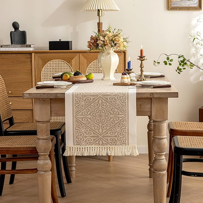 Spillproof Boho Table Runner with Tassels, Nordic Norland Woven Linen Textured Dresser Scarf, Heavy Duty Water Resistant Farmhouse Decor for Dining and Coffee Table, Beige, 14x72 Inches