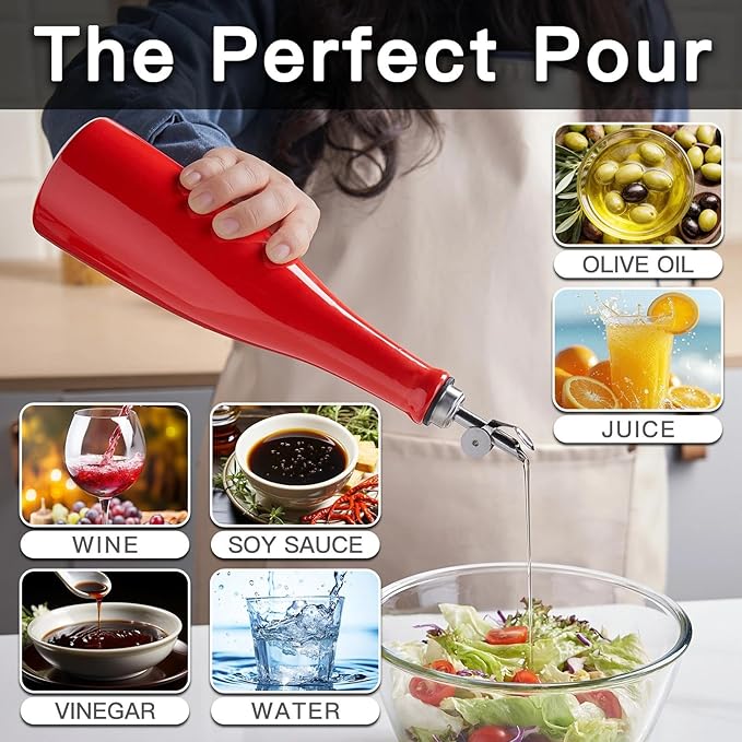 YOLIFE Olive Oil Dispenser Bottle, 20oz Ceramic Oil Dispenser for Kitchen, Oil Bottle with Gravity Spout, Leak Proof EVOO Dispensing Bottle with 2 Spouts and 1 Funnel for Vinegar, Juice(Red)