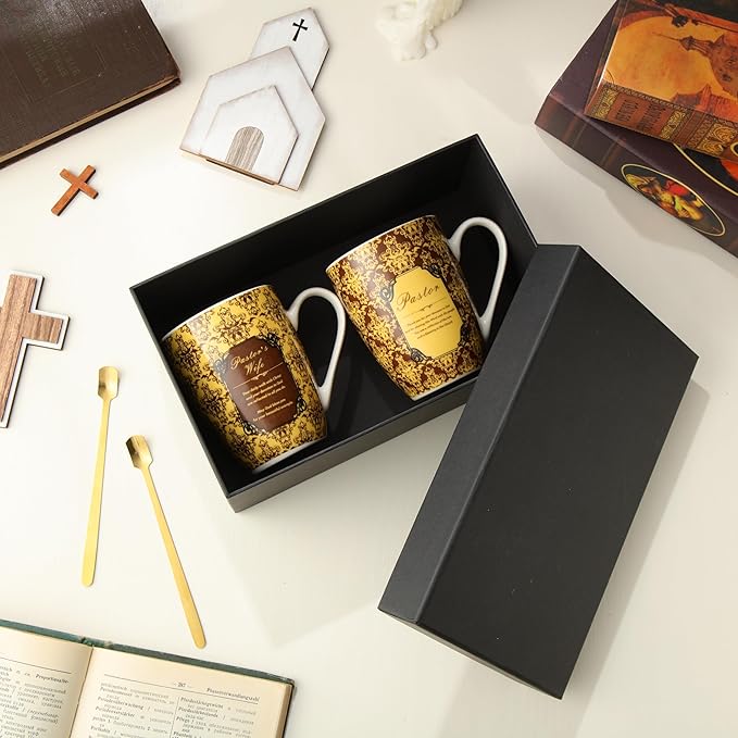 Shellwei 2 Sets Pastor and Wife Appreciation Gifts Stoneware Coffee Mugs with Gift Box Golden Coffee Spoons Pastor Gifts for Men Women Thanksgiving Christmas Christian Present(Classic)