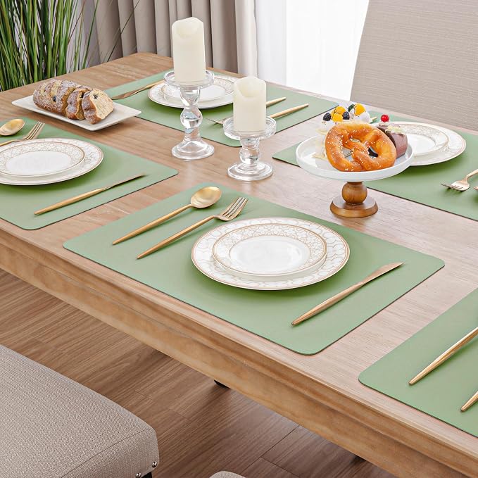 SHACOS Placemats Set of 6 Faux Leather Waterproof Leakproof Wipeable PU Non-Slip Vinyl Place Mats Heat Resistant Table Mats for Kitchen Dining Table Indoor Outdoor, Pale Green