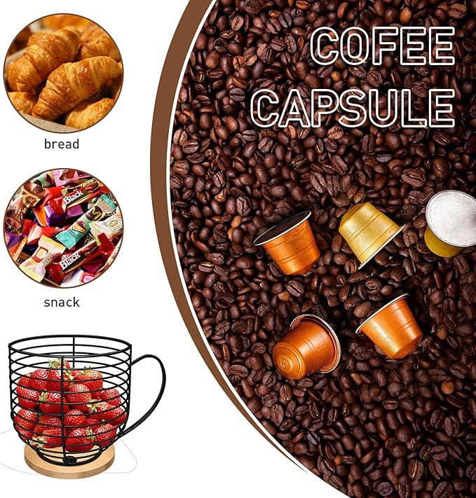 BYTEAIDREX Coffee Pod Holders for Counter - K Cup Holders for Counter - Coffee Pods Storage Organizer - Bar Accessories - Large Capacity Black Wire Kup Storage with Wooden Base.