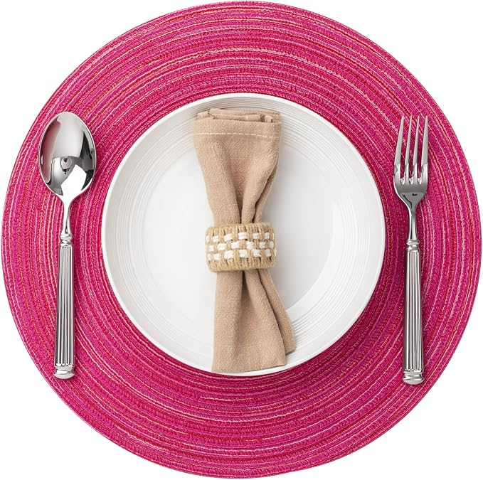 Round Placemats Set of 6 Woven Placemats Washable Braided Table Mats for Dining Table Heat Resistant Non-Slip Circle Place Mats(Pink)