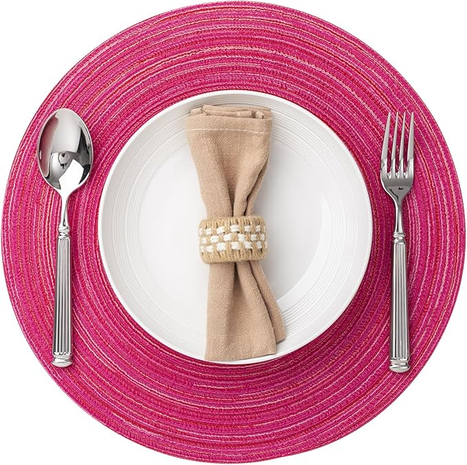 Round Placemats Set of 12 Woven Placemats Washable Braided Table Mats for Dining Table Heat Resistant Non-Slip Circle Place Mats(Pink)