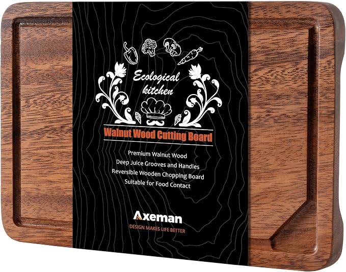 Axeman Mini 9x6" Walnut Wood Cutting Board with Juice Groove for Kitchen Countertop, USA-Sourced Thick American Black-Walnut Wooden Chopping Board Charcuterie Board Butcher Block for Meat Vegetables