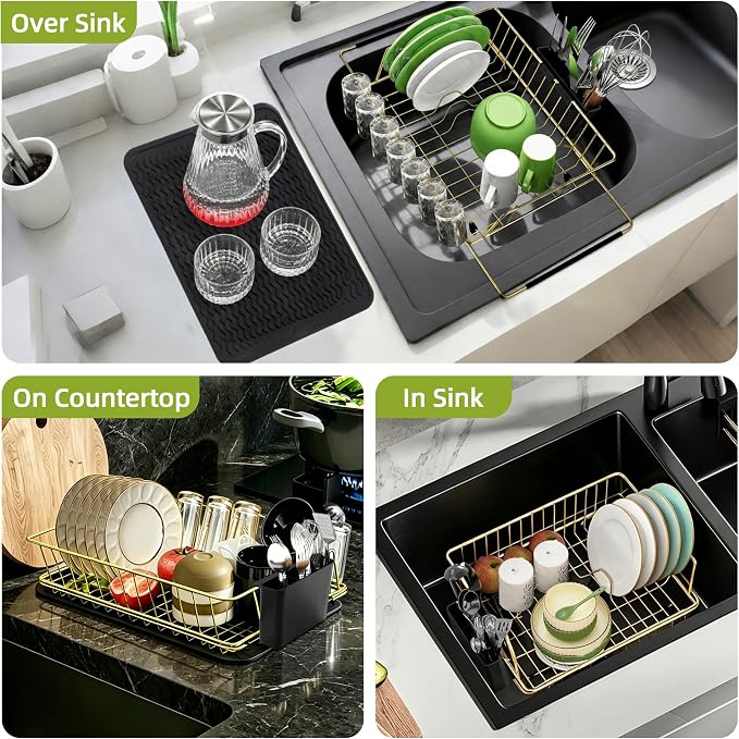 Golden Expandable Dish Drying Rack-Extra Large Stainless Steel Dish Drainer Over The Sink for Kitchen Countertop with Utensil Holder, Applicable for Sink Width 16'-22' (Gold,23.2'*12.2')