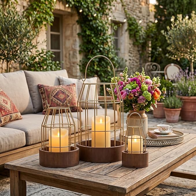 Rustic Farmhouse Lantern Decoration Set of 3, Modern Decorative Lanterns Indoor Outdoor, Metal Candle Holders for Porch Patio Fireplace Mantle Dining Room Table(Light Brown, Gold)