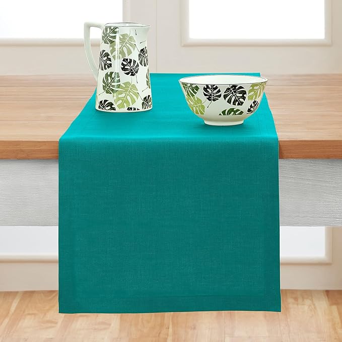 Solino Home Linen Teal Table Runner 108 Inches Long - 100% Pure Linen 14 x 108 Inch Table Runner for Dining - Fete, Handcrafted and Machine Washable