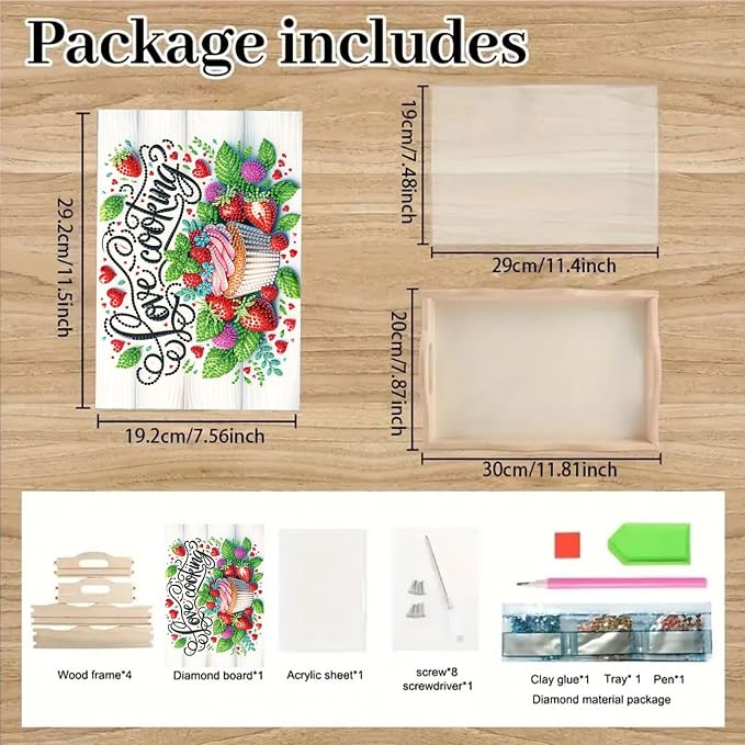 BAYUNOE DIY Diamond Serving Tray Rectangular Wooden Breakfast Tray with Handle Handmade Diamond Art Painting Spring Creative Dinner Plate Coffee Room Living Home Organizer-Cupcake