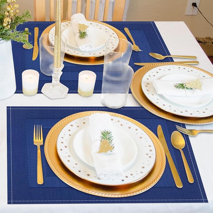 Niviy Navy Blue Placemats Set of 4, 12x18 Inch Washable Easy to Clean Heat-Resistant Anti-Skid Grey Placemats for Holiday Party Kitchen Dining Room Decoration
