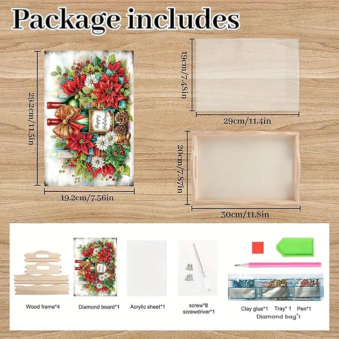 BAYUNOE DIY Diamond Serving Tray Christmas Rectangular Breakfast Tray with Handle Handmade Diamond Art Painting Wooden Tray for Dinner Plate Coffee Room Living Home Organizer-Champagne