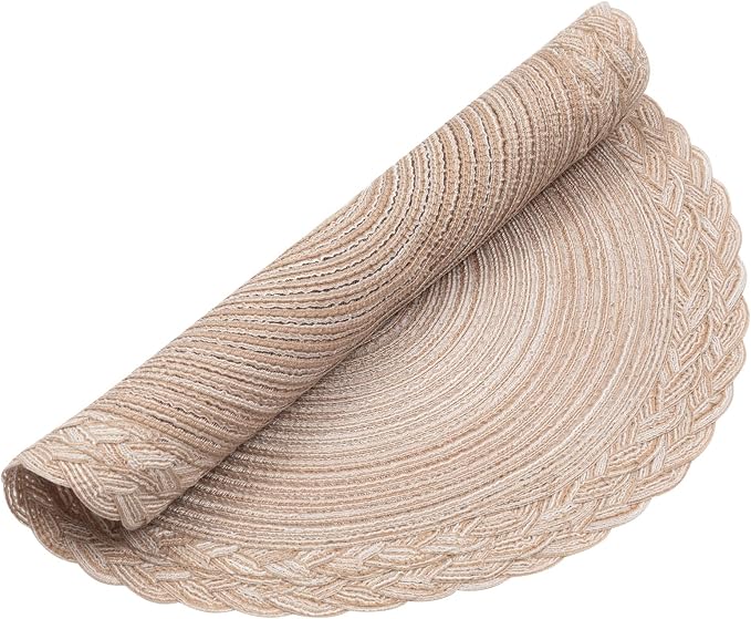 SHACOS Round Placemats Set of 4 Boho Braided Border 15 inch Circle Place Mats Washable Fabric Table Mats for Kitchen Dining Table, Beige