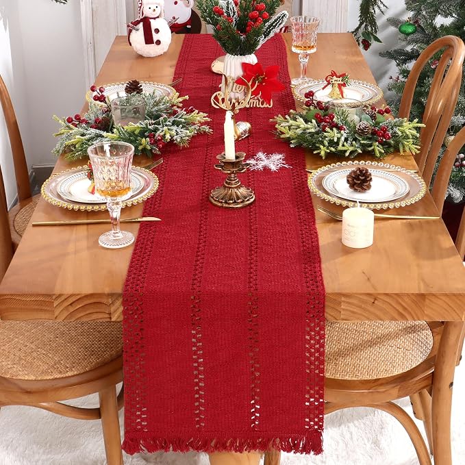 Macrame Table Runner Christmas Red Boho Table Runners with Tassels Hand Woven Cotton Table Runner Rustic Farmhouse Table Runners for Xmas Kitchen Dining Table(12x71in)