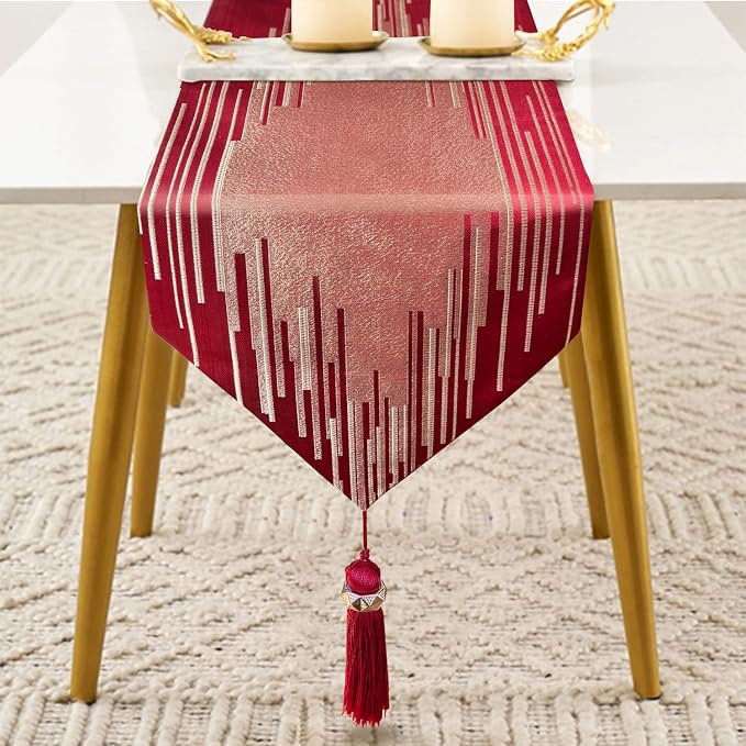 Luxury Christmas Red Table Runner 72 Inches Long Abstract Geometry Embroidery Pattern with Handmade Tassels Thick Fabric for Home Living Room Bedroom Dinner Room Art Decor Christmas