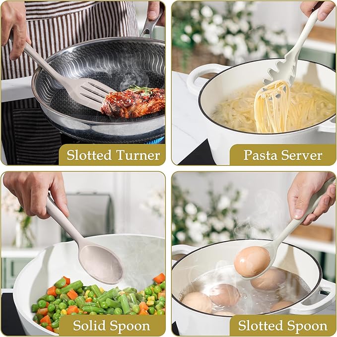 LIANYU 8Pcs Kitchen Utensils Set, Silicone Cooking Utensils Spatula Set for Nonstick Cookware, Include Silicone Spatula, Ladle, Turner, Spoon, Heat Resistant, Dishwasher Safe, Khaki White