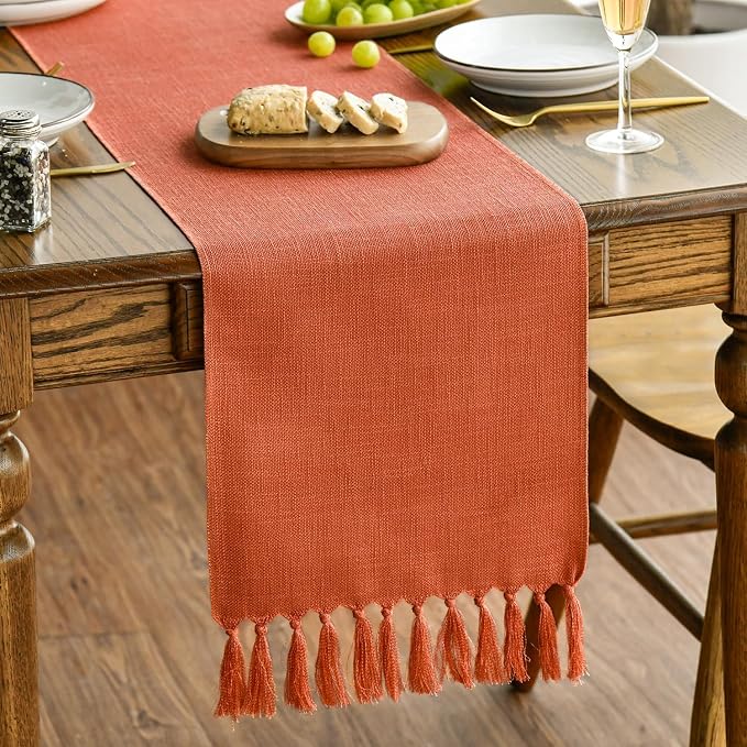 Artoid Mode Terracotta Orange Tassel Table Runner, Fall Linen Blend Rustic Farmhouse Style Kitchen Table Decoration Holiday Wedding Party Dinning Decor 13x48 Inch
