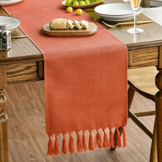 Artoid Mode Terracotta Orange Tassel Table Runner, Fall Linen Blend Rustic Farmhouse Style Kitchen Table Decoration Holiday Wedding Party Dinning Decor 13x48 Inch