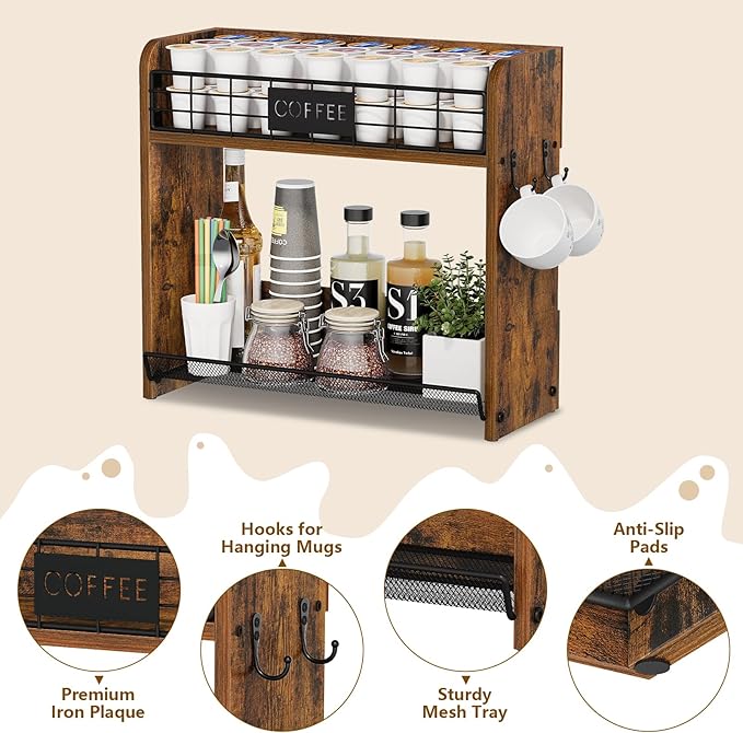 YINMIT K Cup Pod Holder, K Cup Organizer with 2 Mug Hooks, 2 Tier Keurig Coffee Pod Holder, Wood Coffee Bar Station Organizer for Countertop, Home, Office, Kitchen, Retro