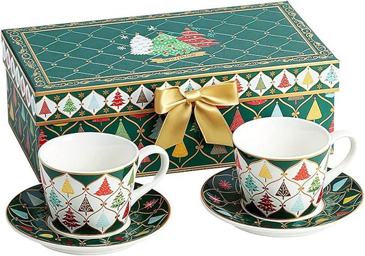 Espresso Cups and Saucers Set of 2, 4 oz Ceramic Small Coffee Mug with Handle,Green Gold Festive Tree Pattern for Tea, Latte, Cafe, Microwave & Dishwasher Safe, Decorative Holiday Gift Box