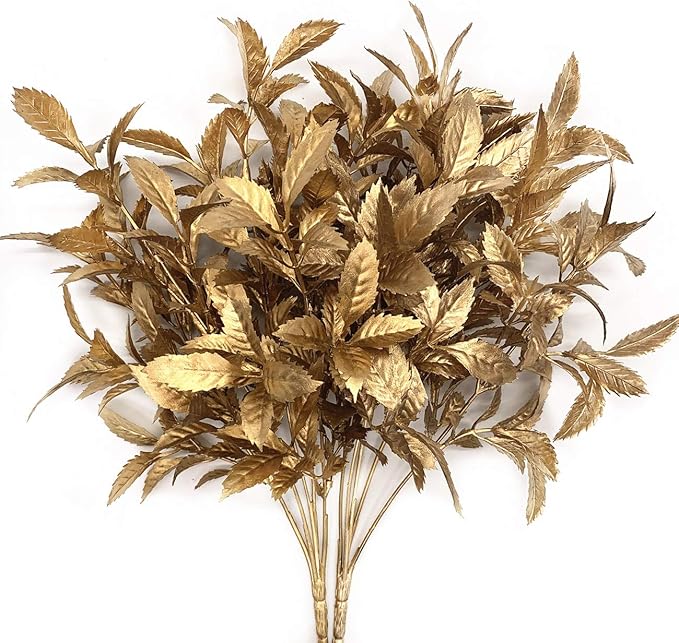 CATTREE Artificial Plants for Christmas, Plastic Grass Faux Shrubs Fake Leaves Simulation Bushes Home Indoor Outdoor Garden Wedding Festival Decoration Hall Office Table Planter Filler – Gold 2 Pack