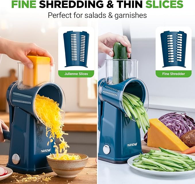 NutriChef 5 in 1 Cheese Grater & Shredder | 5 Different Blades for Thin, Thick, Julienne Strips, Wavy, & Straight Strips | Includes Hand Crank, Strong Suction Base & Storage Container | Blue