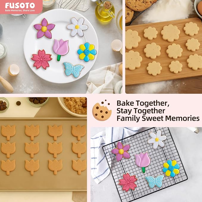 FUSOTO 6PCS Flower Cookie Cutter Set, 3 Inches Flower Shaped Cookie Cutter-Daisy, Tulip, 3 Shaped of Flowers, Butterfly, Stainless Steel Cookie Cutters, Baking Tool for Homemaking Cookie
