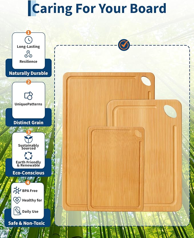 Garvee Bamboo Cutting Board Set of 3 - cutting board set with Handle, Bamboo Cutting Boards for Kitchen, Heavy Duty chopping board with deep juicy groove 15x10, 12x8, 9x6 inch