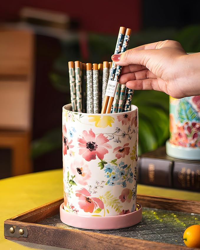 Utensil Holder for Kitchen Counter, Large Ceramic Utensil Holder Crock with Drain Tray, Hand-Painted Floral Rustic Farmhouse Kitchen Crock, Perfect for Women, Christmas, Hostess Gifts & Fall Decor