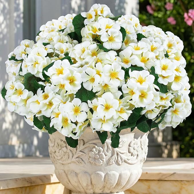 Hananona 12 Pcs Artificial Geranium Flowers for Outdoors Geranium Silk Flowers Outdoor UV Resistant Garden Plants Faux Flowers for Home Kitchen Table Centerpieces Decor (12, Snow White)