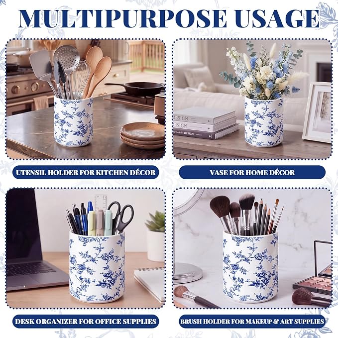 Suclain Blue Floral Ceramic Utensil Holder 6.3 Inch Chinoiserie Vintage Kitchen Crock Blue and White Floral Countertop Storage Organizer for Spatulas and Spoons Home Cooking Unique Gift Idea
