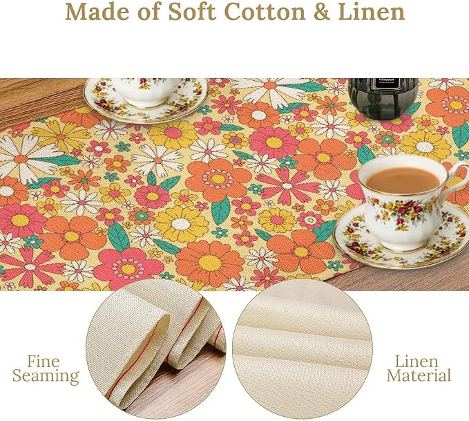 Retro 70s Floral Table Runner,Vintage Hippie Summer Groovy Daisy Flower Dinner Runner for Home Kitchen Dining Table Party Holiday Decor 13x70 Inch