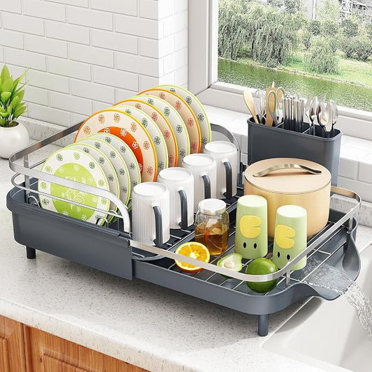 SAYZH Dish Drying Rack - Expandable Dish Rack for Kitchen Counter, Rust-Resistant Dish Drainer with Utensil Holder and Raised Guardrail, Kitchen Organizer for Cup and Bottle (Grey)