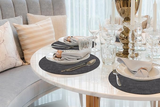 homing Round Faux Leather Placemat and Coaster 8 Packs, Washable Heat Resistant Dining Place Mats, Wipeable Double-Sided Table Mats for Indoor and Outdoor, Diameter 13 and 3.93 inch, Charcoal