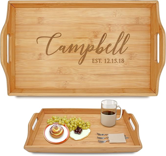 Personalized Bamboo Wood Serving Tray with Handles, Engraved Wooden Trays, Wedding Gifts, Housewarming Gifts (Campbell)