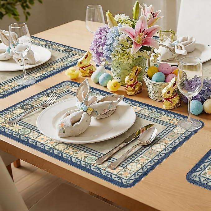 Vinyl Placemats Set of 6-12x17 Inch - Heat Resistant Washable Place Mats Waterproof Non-Slip Wipeable Table Mats for Dining Table Decor, Indoor/Outdoor Plastic Mat