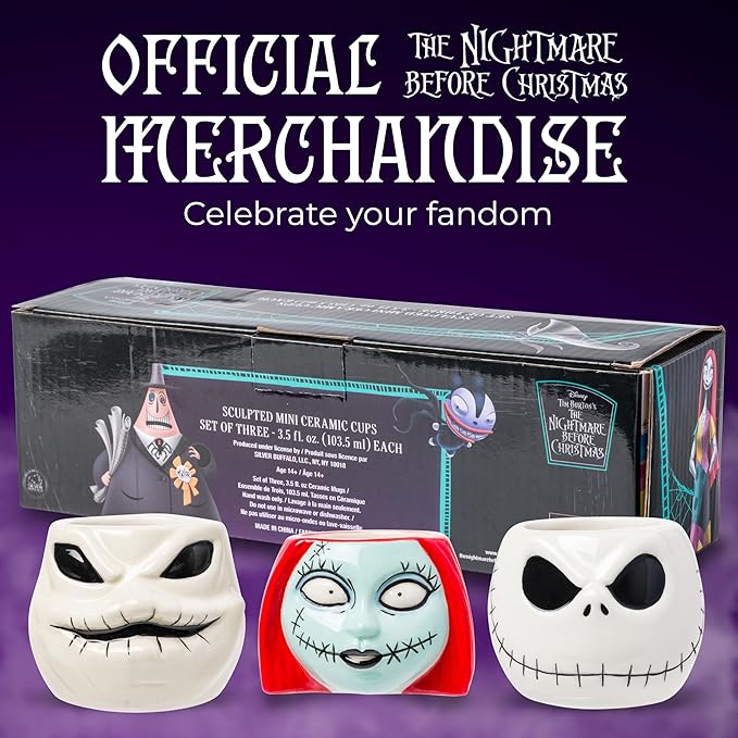Silver Buffalo Nightmare Before Christmas Sally Oogie Faces 3pc Ceramic Sculpted Mini Cup Set in Retail Packaging