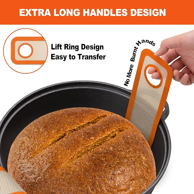 Silicone Bread Sling Dutch Oven - Best Japan Silicone. Non-Stick & Easy Clean Reusable Bread Baking Mat. With Extra Long Handles Bread Baking Sheet Liner, 2 Orange Set for Transferable Dough