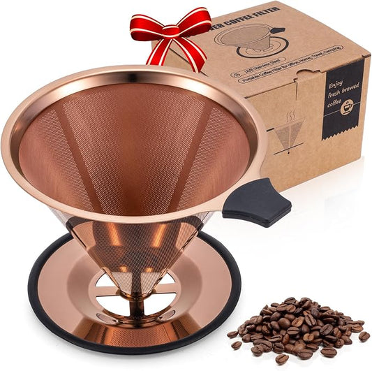 【2.0 Upgraded】Pour Over Coffee Dripper, Stainless Steel Drip Cone Brewer, Reusable Metal Coffee Strainer with Non-Slip Ring & Handle, Paperless Pour Over Coffee Maker (2.0 Titanium Copper)