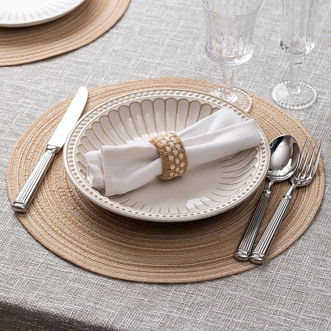 Round Placemats Set of 6 Woven Placemats Washable Braided Table Mats for Dining Table Heat Resistant Non-Slip Circle Place Mats(Beige)