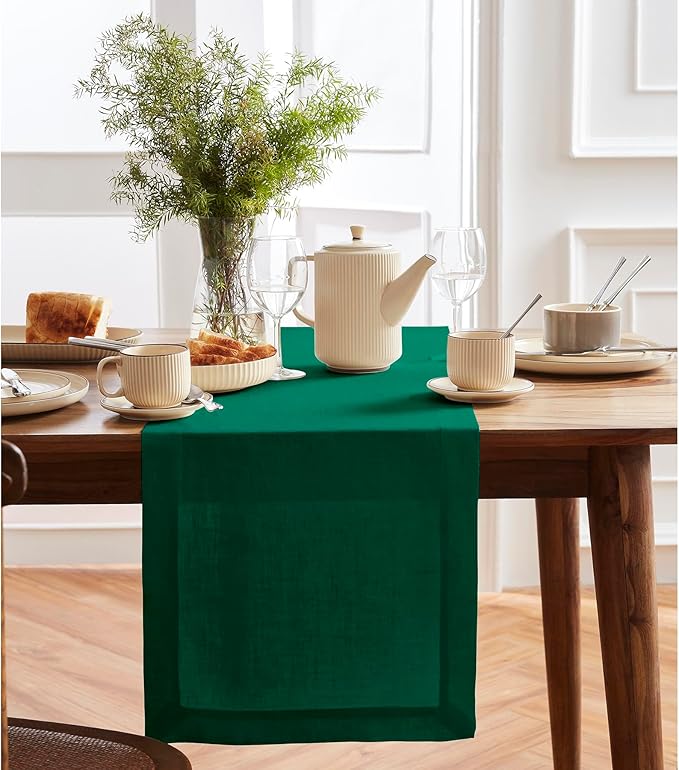 Solino Home 100% Pure Linen Dark Green Table Runner 72 Inches Long - 14 x 72 Inch for Dining and Dresser - Sonoma