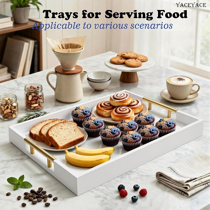 White Serving Tray with Metal Handles, 15.75" x 11.8" x 1.7" Wood Serving Tray for Ottoman Coffee Table, Kitchen Counter, Food, Bathroom