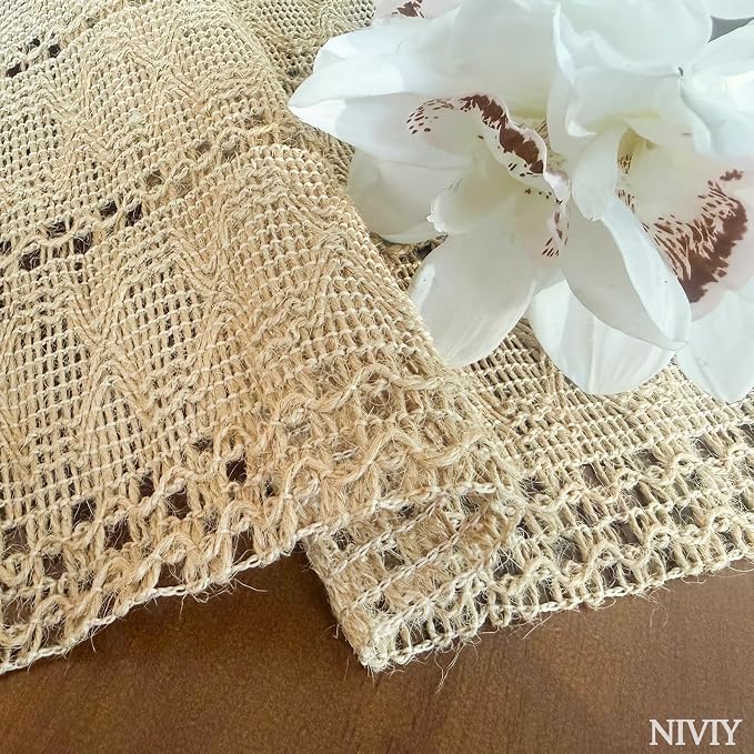 Niviy Burlap Placemats Set of 4, 12x18 Inch Natural Cotton Jute and Kitchen Woven Placemats with Tassels for Dining Table Centerpiece Thanksgiving Home Decorations