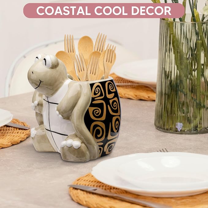 Turtle Kitchen Utensil Holder - Sea Turtle Storage Crock - Tortoise Home Decorations - Gift Decor - Office Holiday Theme Party Accessories - Lucky Gold Spirals