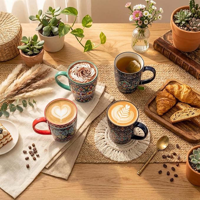 glowworm 16 oz Coffee Mugs Set of 4, Large Ceramic Coffee Cups for Women and Men, Colorful Mugs Set with Handles for Latte, Hot Cocoa, Tea, Dishwasher & Microwave Safe, Bohemian