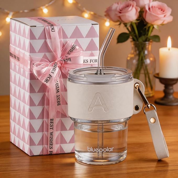 Monogrammed Gifts for Women-Personalized Glass Tumbler with Straw,Custom Iced Coffee Cups with Lids as Wedding Birthday Mothers Day Gift for Her Wife Bride（Z）