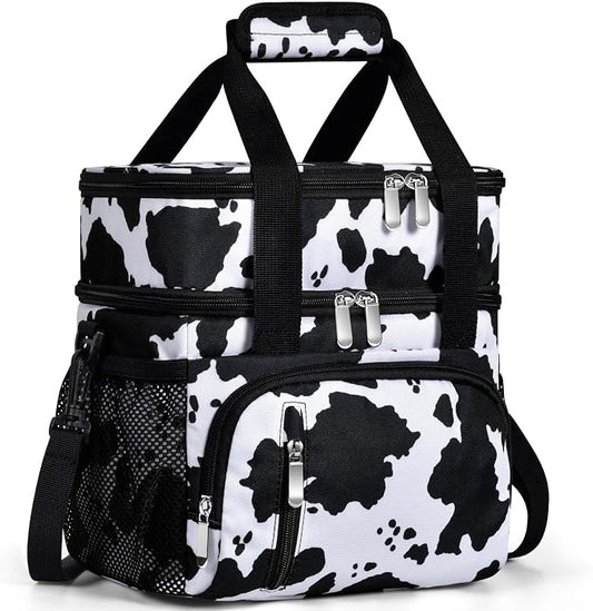 Insulated Lunch Bag for Women, Double Leakproof Lunch Box Soft Cooler Tote with 5 Pockets, 600D Oxford, EVA Lining, Adjustable Strap for Work, Picnic, Beach&Travel-Cow Print