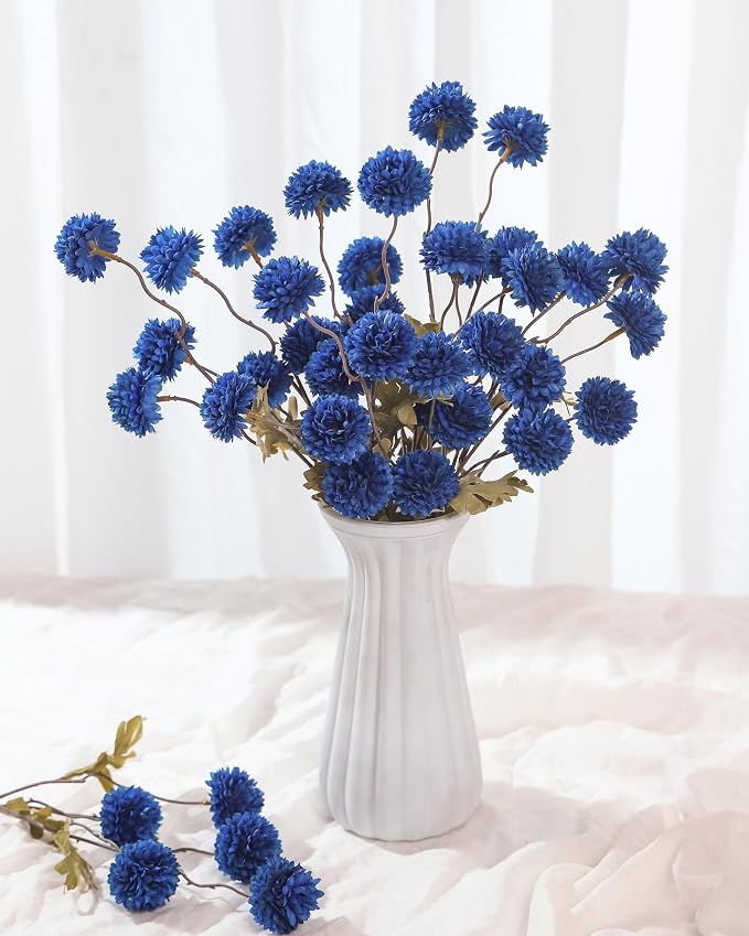 DuHouse 6pcs Artificial Flowers Faux Silk Pompon Mum,Silk Small Mini Chrysanthemum Ball with Stems for DIY Wedding Bouquets Centerpieces Vase Home Table Kitchen Decorations(Dark Blue)