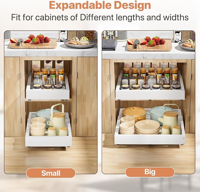 2 Pack Pull out Cabinet Organizer, Width (12"-19") Depth (17"-23"), with 3 Rails Adjustable Slide, Expandable Pullout Drawers for Cabinets, No Drill Adhesive Kitchen Drawers for Pantry Shelves